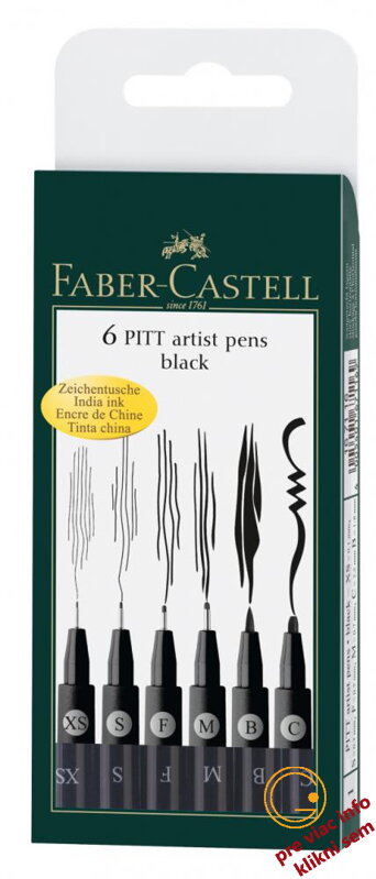 Umelecké perá PITT set 6 (XS, S, F, M, B, C) čierna, Faber Castell Umelecké perá PITT set 6 (XS, S, F, M, B, C) čierna, Faber Castell