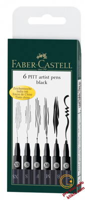 Umelecké perá PITT set 6 (XS, S, F, M, B, C) čierna, Faber Castell